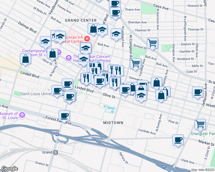 map of restaurants, bars, coffee shops, grocery stores, and more near 3333 Locust Street in St. Louis