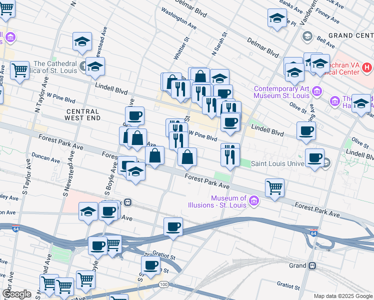 map of restaurants, bars, coffee shops, grocery stores, and more near 4055 Laclede Avenue in St. Louis