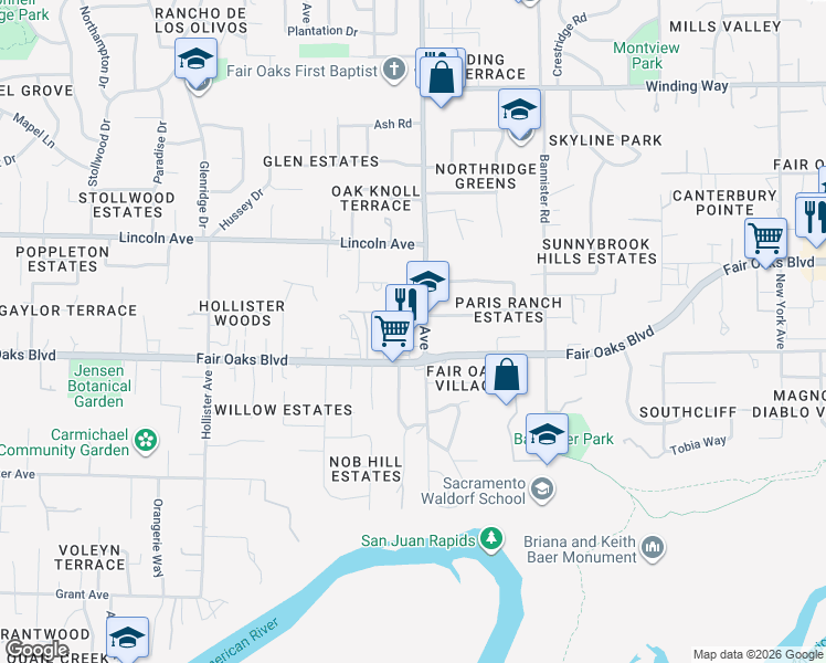 map of restaurants, bars, coffee shops, grocery stores, and more near 4033 San Juan Avenue in Fair Oaks