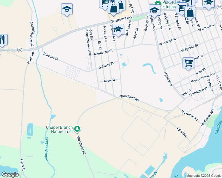 map of restaurants, bars, coffee shops, grocery stores, and more near 210 Hickory Lane in Seaford