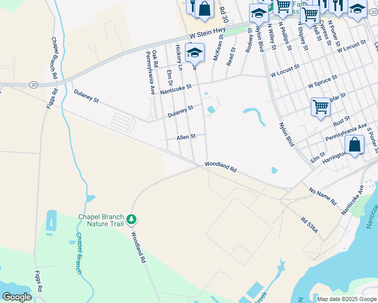 map of restaurants, bars, coffee shops, grocery stores, and more near 210 Hickory Lane in Seaford