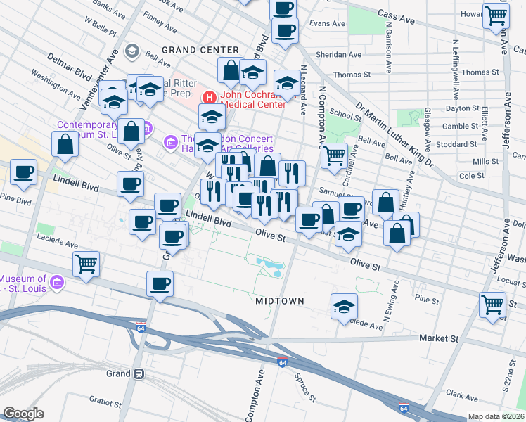 map of restaurants, bars, coffee shops, grocery stores, and more near 3331 Locust Street in St. Louis