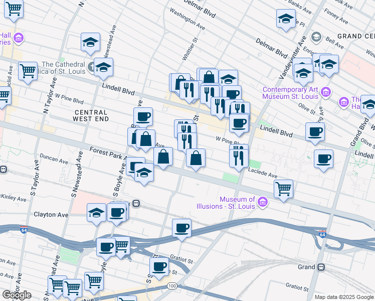 map of restaurants, bars, coffee shops, grocery stores, and more near 4055 Laclede Avenue in St. Louis
