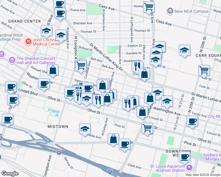 map of restaurants, bars, coffee shops, grocery stores, and more near 2851 Samuel Shepard Drive in St. Louis