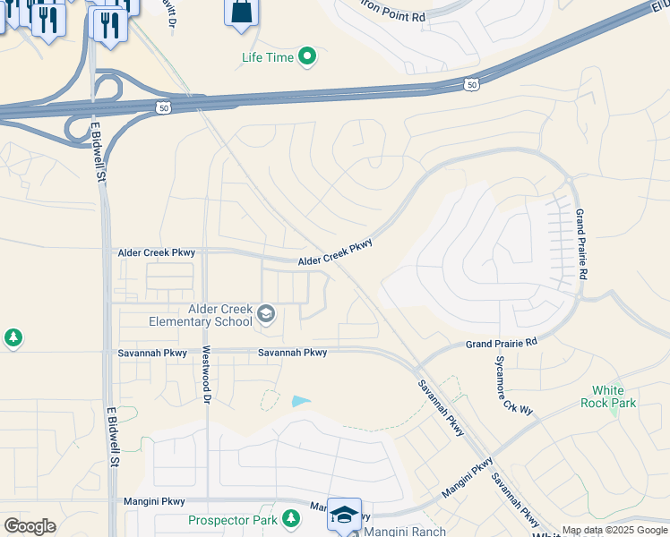 map of restaurants, bars, coffee shops, grocery stores, and more near Placerville Road in Folsom