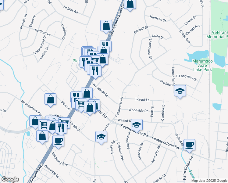 map of restaurants, bars, coffee shops, grocery stores, and more near 1685 Rosedale Court in Woodbridge