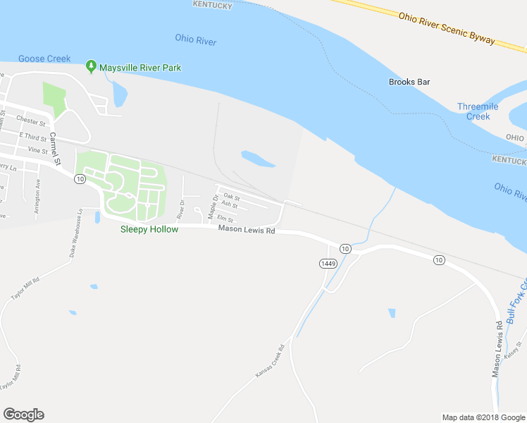 map of restaurants, bars, coffee shops, grocery stores, and more near 1734 Oak Street in Maysville