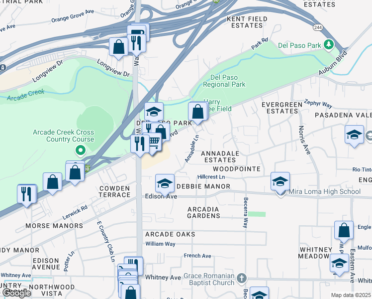 map of restaurants, bars, coffee shops, grocery stores, and more near 3911 Annadale Lane in Sacramento
