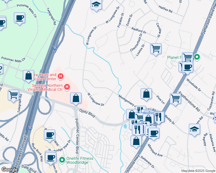 map of restaurants, bars, coffee shops, grocery stores, and more near 2206 Montgomery Avenue in Woodbridge