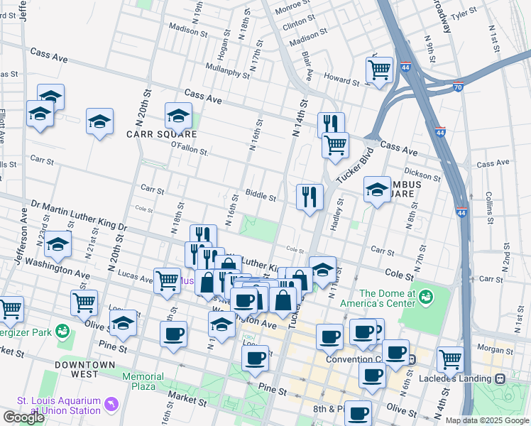 map of restaurants, bars, coffee shops, grocery stores, and more near 1419 Carr Street in St. Louis
