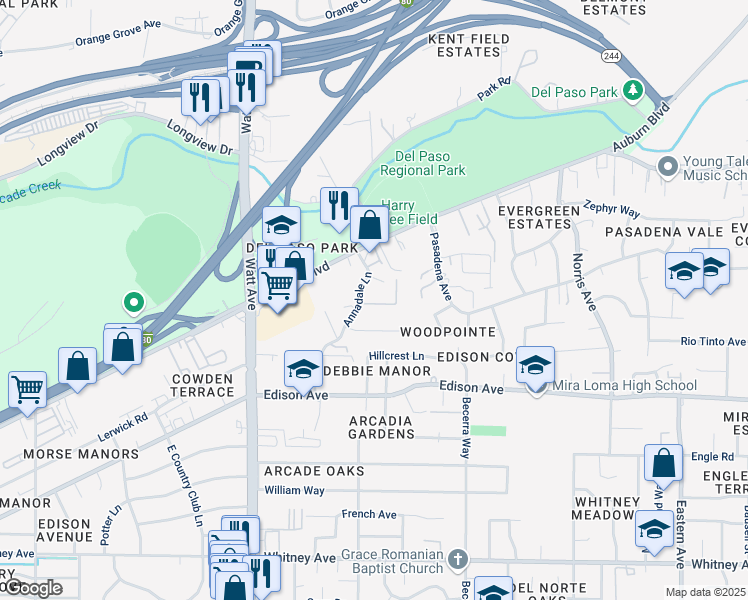 map of restaurants, bars, coffee shops, grocery stores, and more near 3902 Annadale Lane in Sacramento