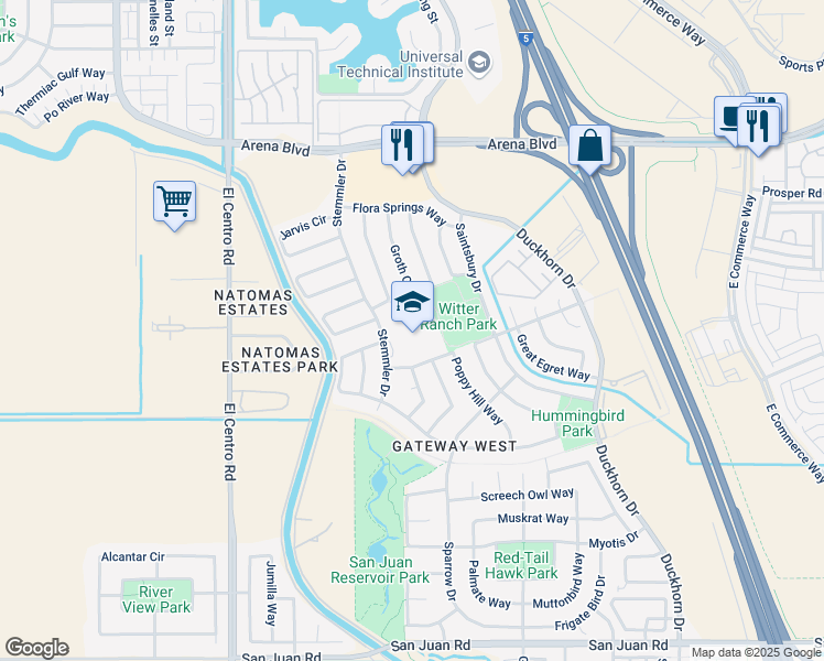 map of restaurants, bars, coffee shops, grocery stores, and more near 3790 Poppy Hill Way in Sacramento