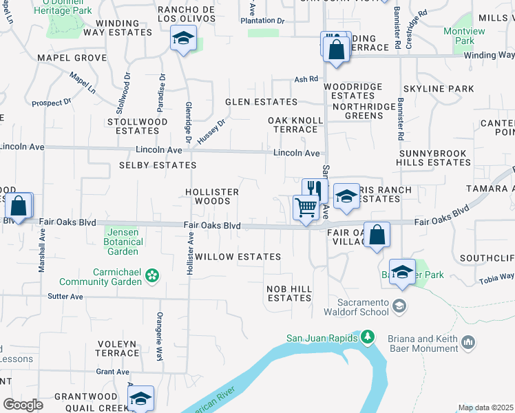 map of restaurants, bars, coffee shops, grocery stores, and more near 4017 Cobblestone Lane in Carmichael