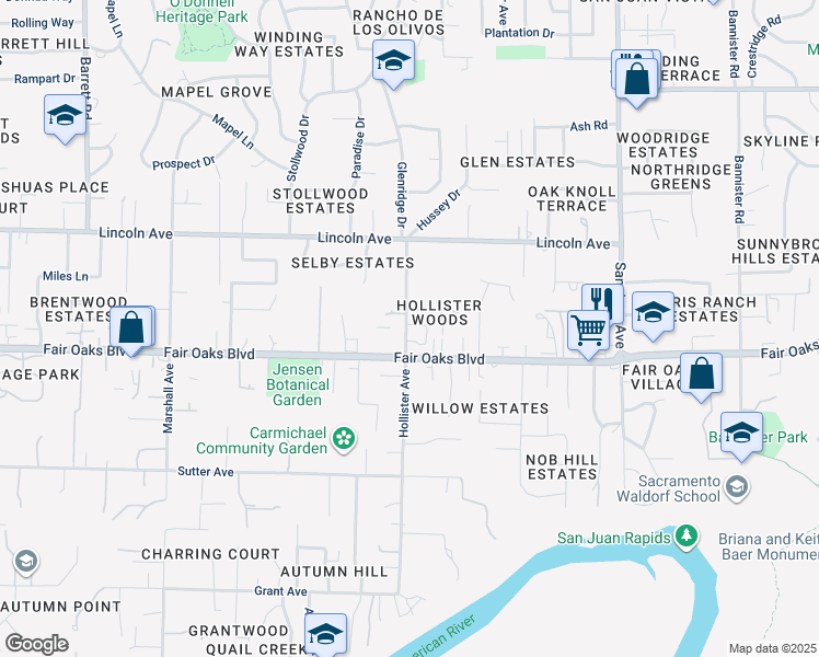 map of restaurants, bars, coffee shops, grocery stores, and more near in Carmichael