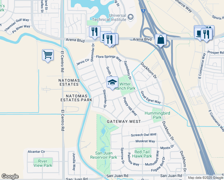 map of restaurants, bars, coffee shops, grocery stores, and more near 3790 Poppy Hill Way in Sacramento