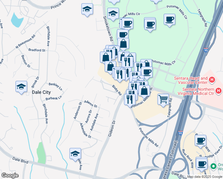 map of restaurants, bars, coffee shops, grocery stores, and more near 2848 Bowes Lane in Woodbridge