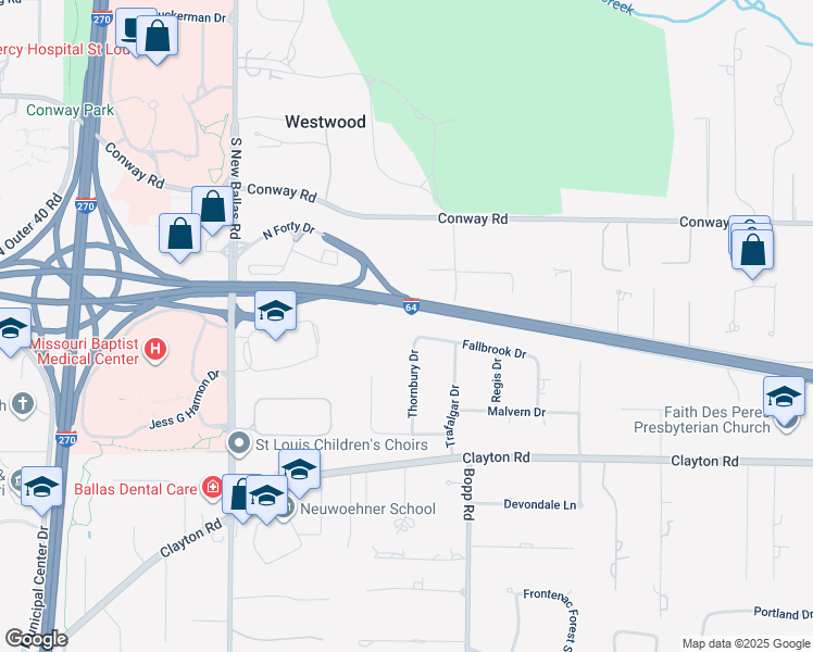 map of restaurants, bars, coffee shops, grocery stores, and more near 3075 Thornbury Dr in St Louis