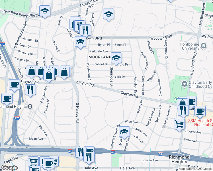 map of restaurants, bars, coffee shops, grocery stores, and more near 7505 Clayton Road in Clayton