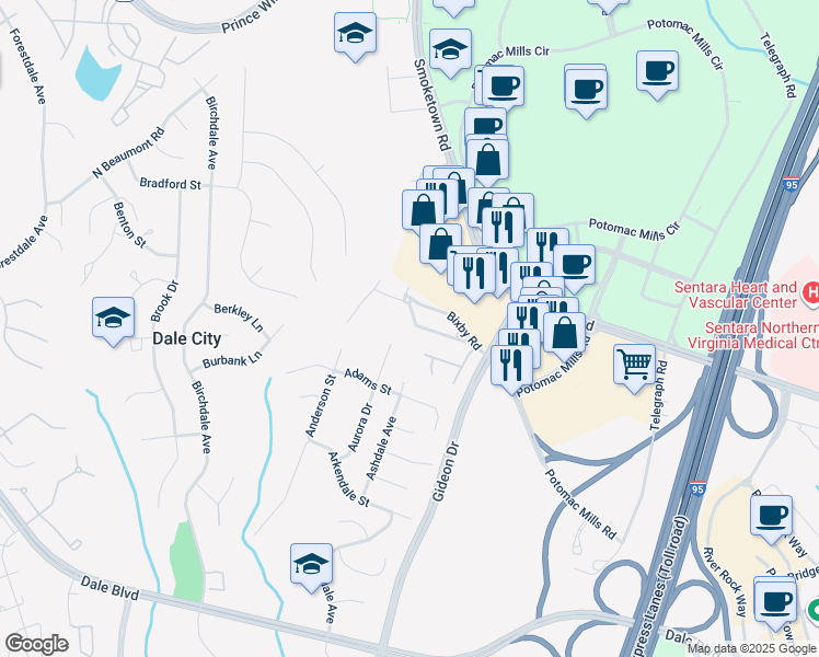 map of restaurants, bars, coffee shops, grocery stores, and more near 2879 Bowes Lane in Woodbridge