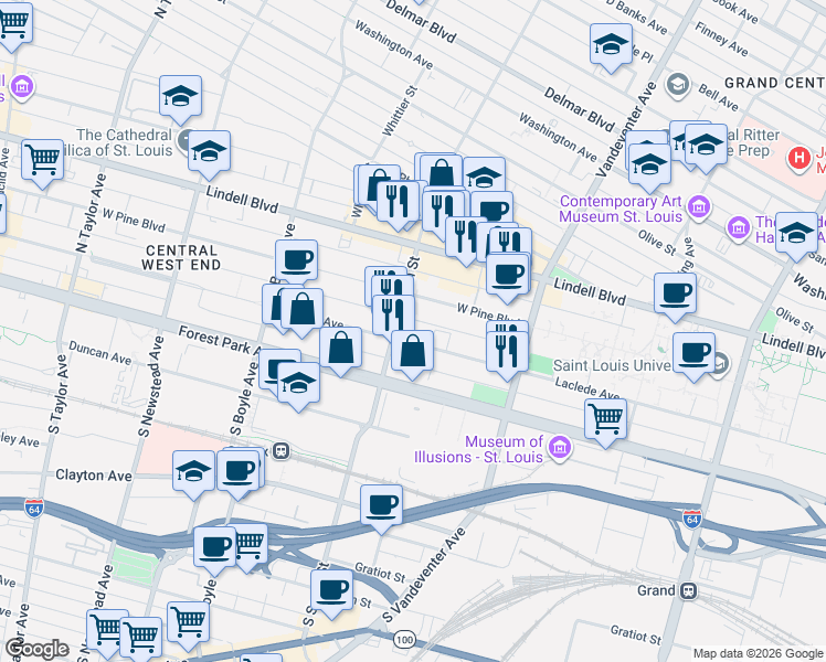 map of restaurants, bars, coffee shops, grocery stores, and more near 4055 Laclede Avenue in Saint Louis