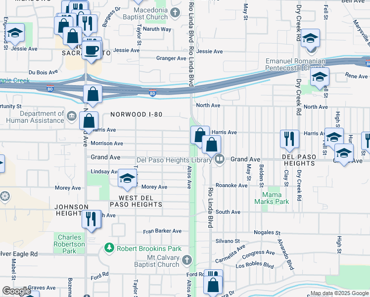map of restaurants, bars, coffee shops, grocery stores, and more near 725 Grand Avenue in Sacramento