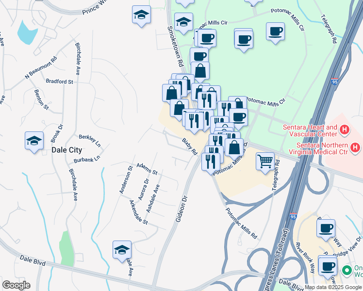 map of restaurants, bars, coffee shops, grocery stores, and more near 2848 Bowes Lane in Woodbridge