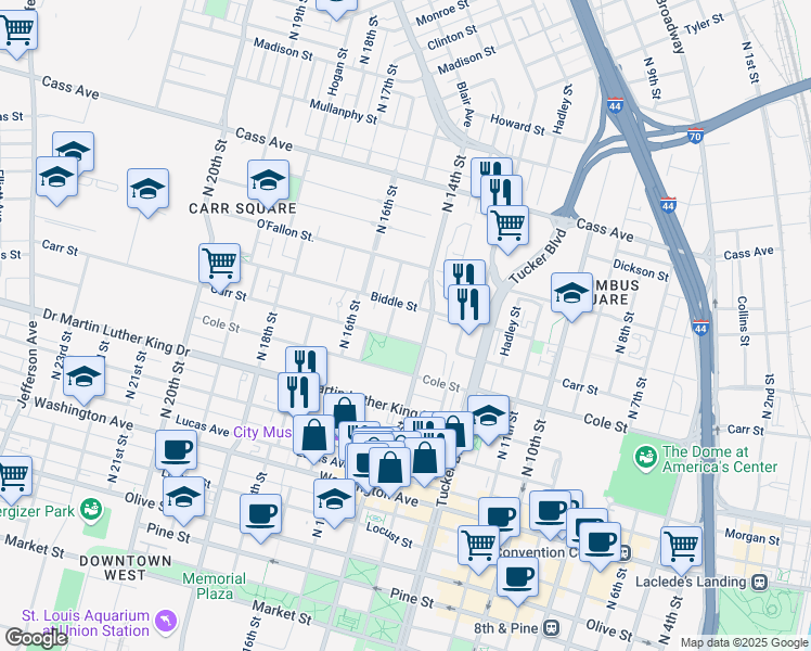 map of restaurants, bars, coffee shops, grocery stores, and more near 1419 Carr Street in St. Louis