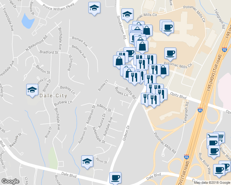 map of restaurants, bars, coffee shops, grocery stores, and more near 2879 Bowes Lane in Woodbridge