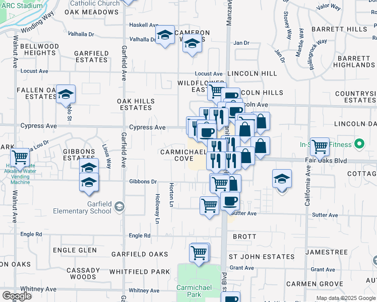map of restaurants, bars, coffee shops, grocery stores, and more near 3936 Apple Blossom Way in Carmichael