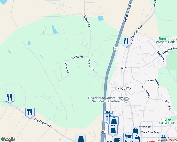 map of restaurants, bars, coffee shops, grocery stores, and more near 207 Chiquita Road in Healdsburg