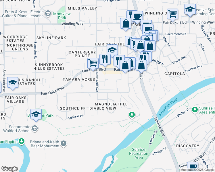 map of restaurants, bars, coffee shops, grocery stores, and more near 7821 Magnolia Avenue in Fair Oaks