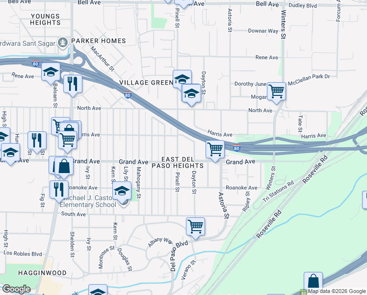 map of restaurants, bars, coffee shops, grocery stores, and more near 3815 Dayton Street in Sacramento