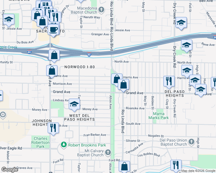 map of restaurants, bars, coffee shops, grocery stores, and more near 725 Grand Avenue in Sacramento