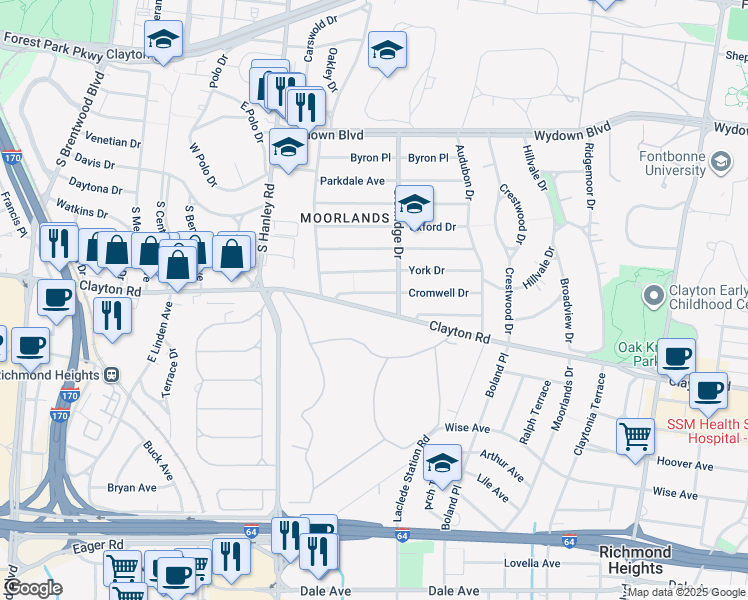 map of restaurants, bars, coffee shops, grocery stores, and more near 7576 Clayton Road in Richmond Heights