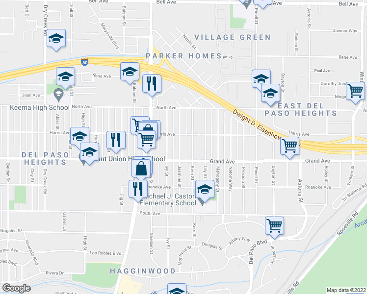 map of restaurants, bars, coffee shops, grocery stores, and more near 3824 Jasmine St in Sacramento