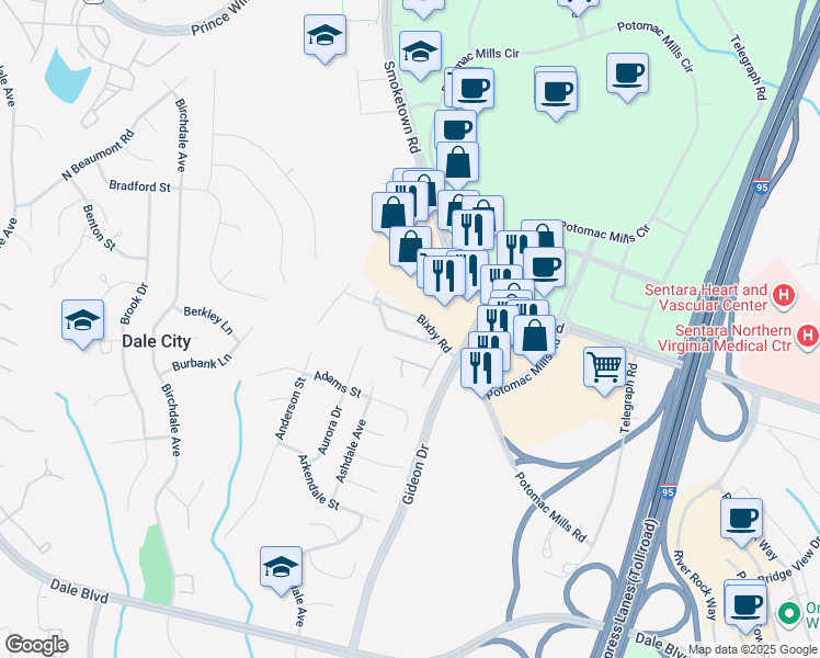 map of restaurants, bars, coffee shops, grocery stores, and more near 2854 Bowes Lane in Woodbridge