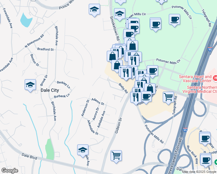 map of restaurants, bars, coffee shops, grocery stores, and more near 2881 Bowes Lane in Woodbridge