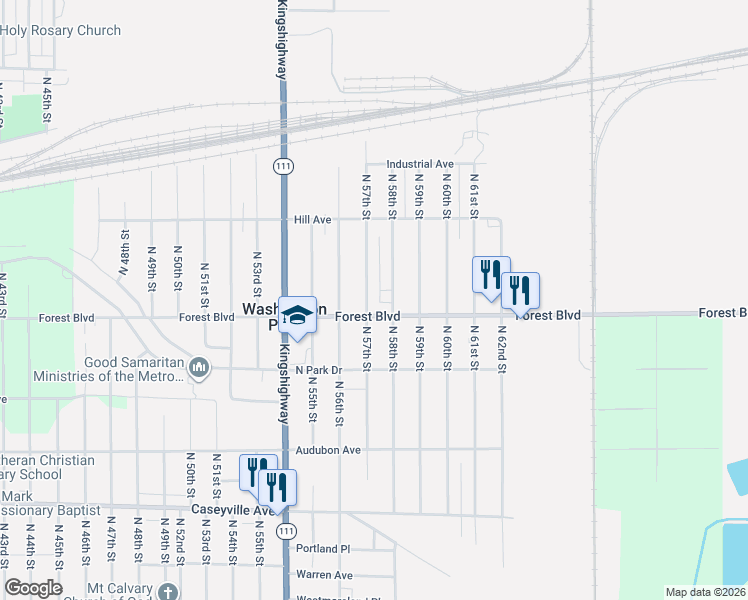 map of restaurants, bars, coffee shops, grocery stores, and more near 5621 Forest Boulevard in Washington Park