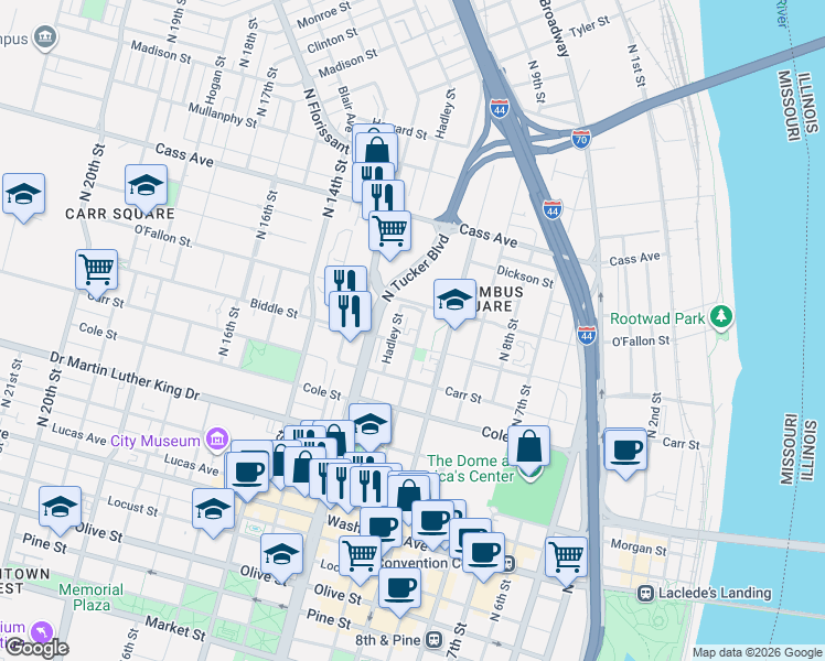 map of restaurants, bars, coffee shops, grocery stores, and more near 1109 Biddle Street in St. Louis