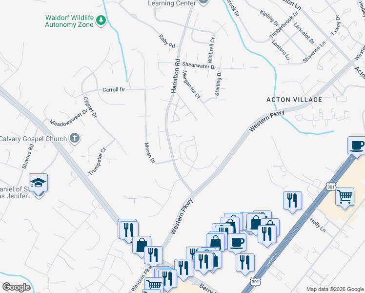 map of restaurants, bars, coffee shops, grocery stores, and more near 2905 Chalkstone Place in Waldorf