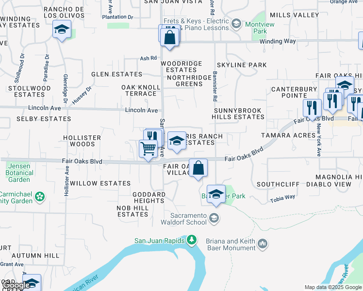 map of restaurants, bars, coffee shops, grocery stores, and more near 7430 Amy Avenue in Fair Oaks