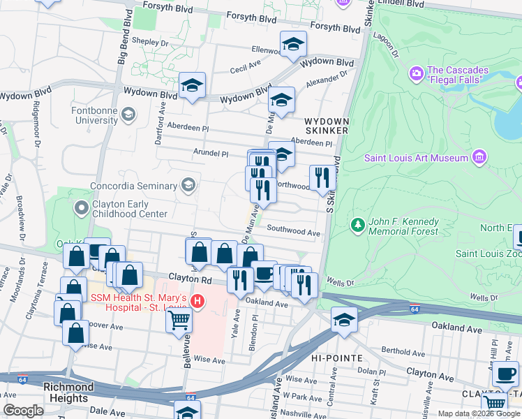 map of restaurants, bars, coffee shops, grocery stores, and more near 6348 South Rosebury Avenue in St. Louis