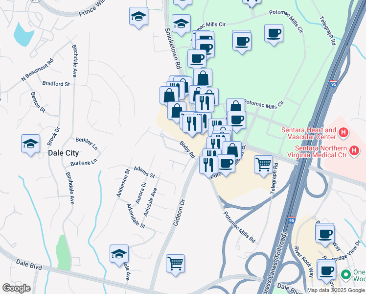map of restaurants, bars, coffee shops, grocery stores, and more near 2830 Bowes Lane in Woodbridge