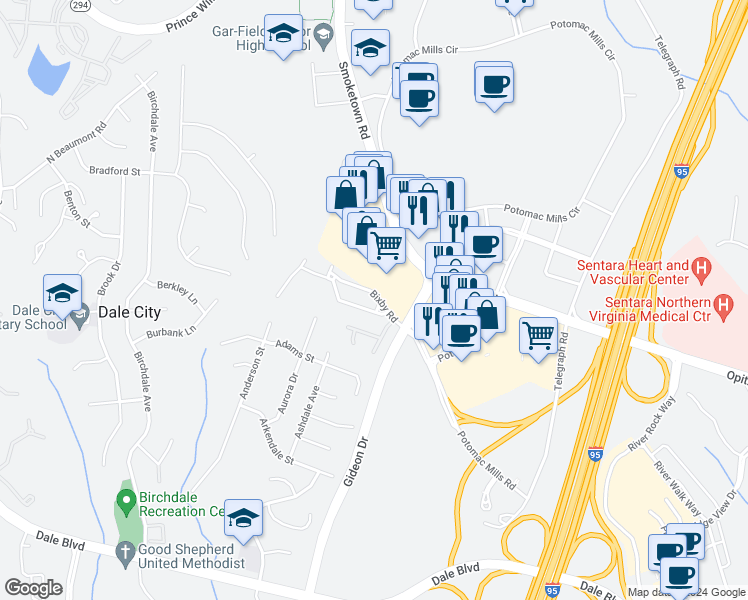 map of restaurants, bars, coffee shops, grocery stores, and more near 2830 Bowes Lane in Woodbridge