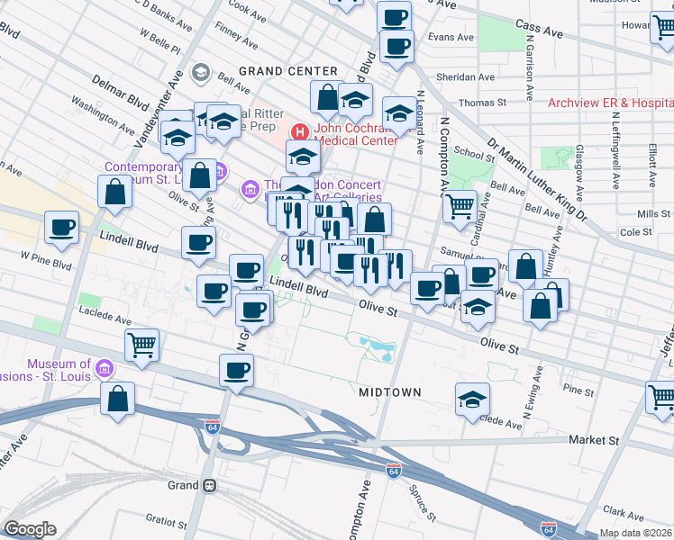 map of restaurants, bars, coffee shops, grocery stores, and more near 3433 Locust Street in St. Louis