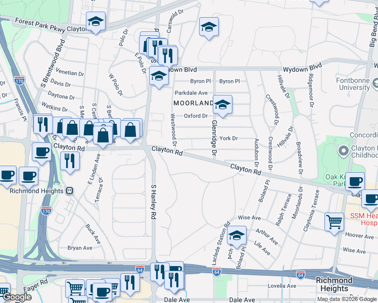 map of restaurants, bars, coffee shops, grocery stores, and more near 7542 Cromwell Drive in St. Louis