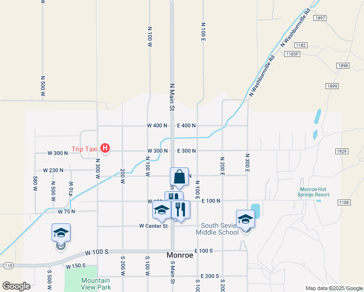 map of restaurants, bars, coffee shops, grocery stores, and more near 50 East 300 North in Monroe