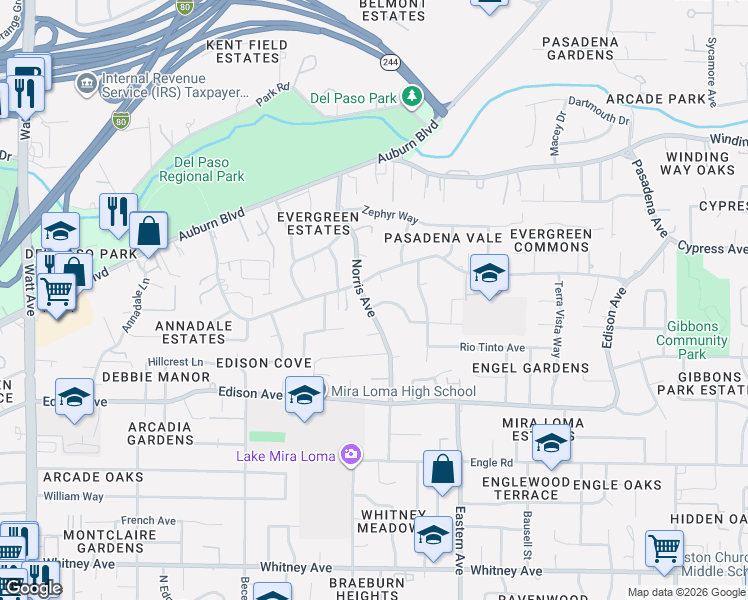 map of restaurants, bars, coffee shops, grocery stores, and more near 3928 Norris Avenue in Sacramento