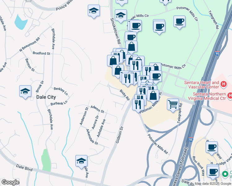 map of restaurants, bars, coffee shops, grocery stores, and more near 2858 Bowes Lane in Woodbridge