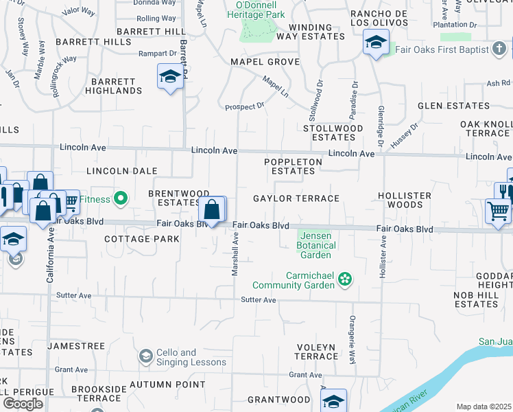 map of restaurants, bars, coffee shops, grocery stores, and more near 8329 Fair Oaks Boulevard in Carmichael